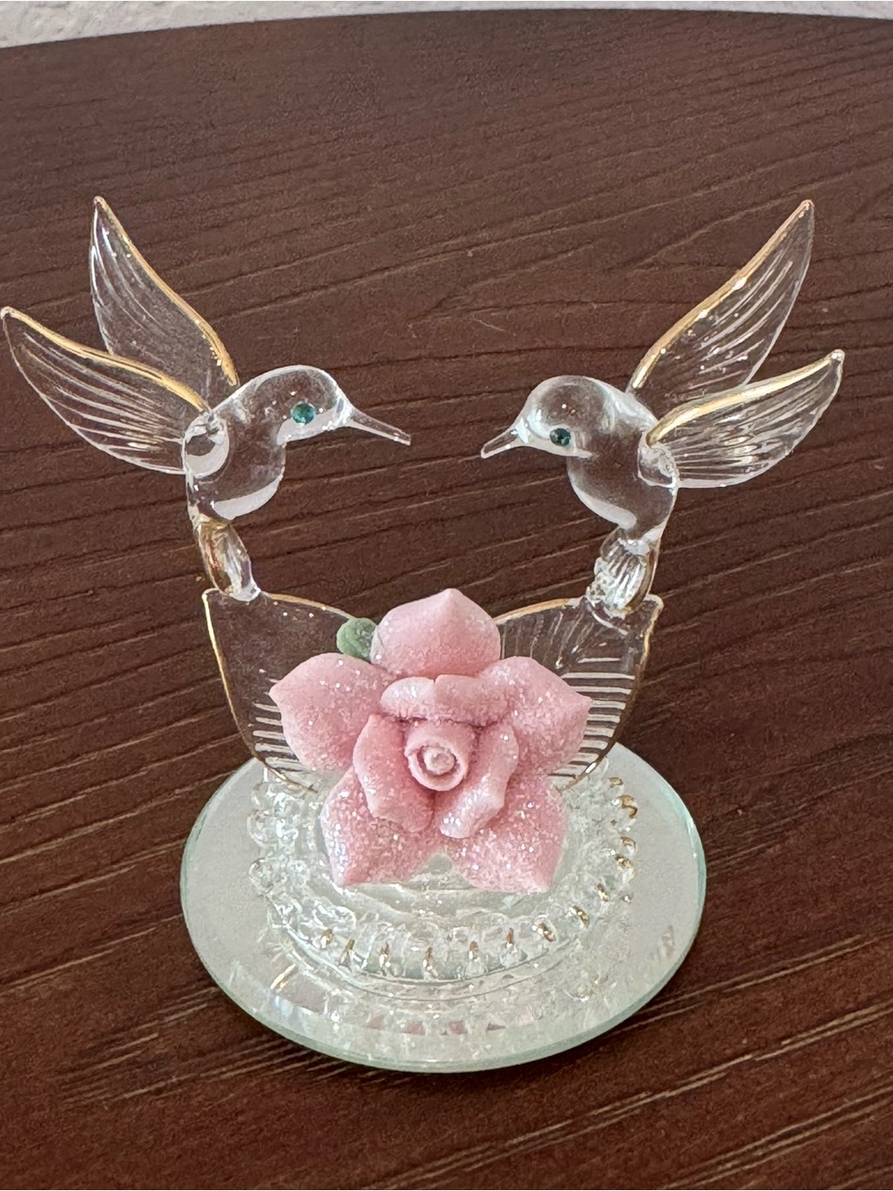 Vintage Glass Baron Hummingbird Duo with Pink Frosted Rose & Glass Base